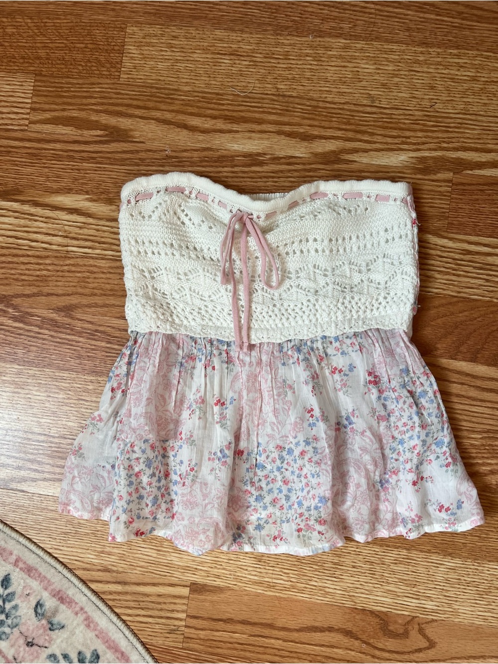 Hollister Ivory Crochet Bodice Pink Floral Skirt Strapless Dress